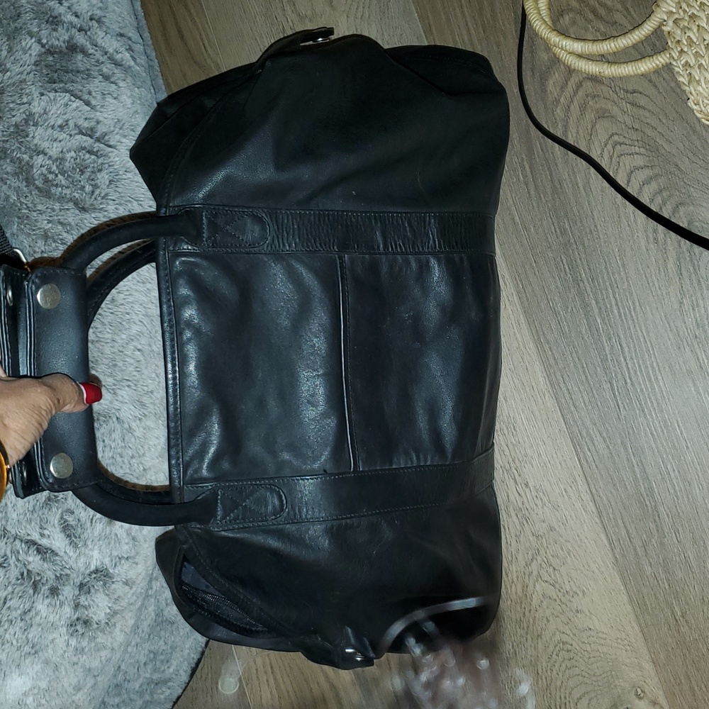 Black LEATHER Weekender Duffel Bag with Adjustable Strap